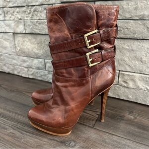 Michael Kors Mae Distressed Leather Shearling Fur‎ High Heel Boots Mocha 8.5
